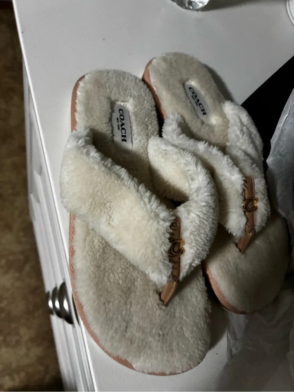 Coach Cream Shearling Thong Sandals with Gold Hardware